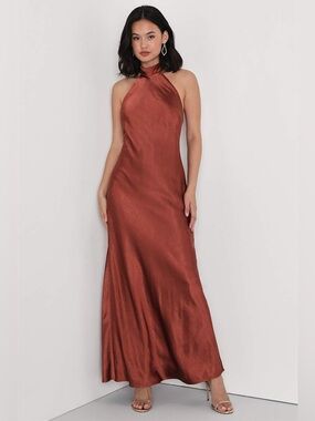 Lulu's Love in Your Life Rust Brown Satin Halter Maxi Dress size M